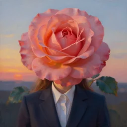 closeup, giant rose flower under head, frontal, girl in a suit, surreal photography, sunrise, dramatic light, impressionist painting, digital painting, artstation, simon stalenhag