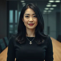 a portrait photograph of a smug woman executive in a board room, black hair, black dress, ankh necklace, dof, sharp focus, slight smile, pale, highly detailed face, symmetric face, 4 k, cinestill 8 0 0 t, exif, raw, photography by andreas franke