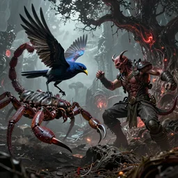 the shrike, a cruel, god like, scorpion like creature vs the devil, a pride, fearless, tactical commando, fighting over the tree of pain in hell, epic sci fi battle, alien world, hyperrealist, intricate, dramatic, cinematic, breathtaking, octane, unreal 5, 8 k, photoshop, ultra detailed, by dan simmons