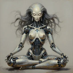perfectly centered symmetrical, front view of a beautiful biomechanical android alien robot buddha in meditating pose, female, flowing hair, intense stare, sarcastic smile, concept art, intricate detail, volumetric shadows and lighting, realistic oil painting by alex grey and gustave dore,