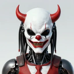 triborg cyborg in predator mask as devil clown, by guy denning, sandra chevrier and fintan magee, ismail inceouglu, mystic high contrast, noir, monochorme, red, white, black, gold