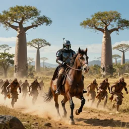mandalorian riding a horse alone, madagascar with baobabs trees in the background, tribe members chasing for an attack, action scene, an epic fantasy, artgerm and greg rutkowski and alphonse mucha, an epic fantasy, volumetric light, detailed, establishing shot, cinematic, photorealistic, trending on art station, octane render, midsommar
