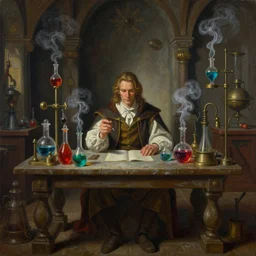 a highly detailed painting of a fantasy male alchemist sitting at the table in a dimly lit medieval lab, medieval lab equipment, vibrant vials, vials with smoke coming out, art by artgerm, karol bak and mark brooks, centered, symmetrical, aesthetically pleasing