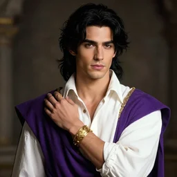 a portrait of a male version of esmeralda from hunchback of notre dame, young adult, black elegant hair, white shirt, elegant clothing, handsome, medieval purple garb, he is wearing golden bracelet and jewelry, realistic, style by donato giancola, wayne reynolds, jeff easley dramatic light, high detail, cinematic lighting, artstation, dungeons and dragons