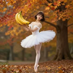 a photography of a ballerina holding to bananas, studio ghibli, unreal 5, daz, hyperrealistic, octane render, cosplay, rpg portrait, dynamic lighting, intricate detail, harvest fall vibrancy, cinematic