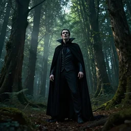 vampire standing in the forrest, beautiful dynamic lighting, cinematic, wide angle establishing shot, extremely high detail, photo realistic, cinematic lighting, post processed, concept art, artstation, matte painting, style by frederic church, raphael lacoste, unreal engine 8 k