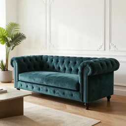a modern chesterfield couch, indoor room, clean baroque architecture, dark green blue colored, a couch table, some fresh plants, daylight, peaceful, 8 k octane render