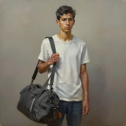 palette knife oil painting portrait of juan delamar, a lean, dark haired young man of below average height, carrying a duffel bag with swin gear. blank, quiet, numb, extreme detail, artstation trending, artgerm, any racial background, deviant art, octane, substance, art history 8 k