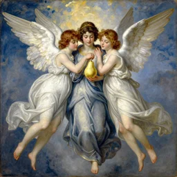 vintage beautiful painting of two beautiful angels carrying a pear in heaven in Mary Cassatt style