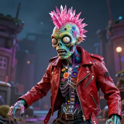 action shot of a punk rock zombie with multicolored skin and pink crystal mohawk, red leather jacket, transparent anatomical model, covered in flowers and glitter, digital art, octane render, fantasy, cartoonish, cinematic lighting, photograph by pierre et gilles