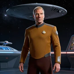 Captain Kirk on the bridge of the USS Enterprise, unreal engine, ray tracing, 8k, realistic, universe