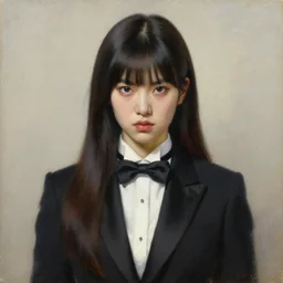 portrait of a beautiful korean girl with long hair and bangs, an angry expression, wearing a tuxedo, oil on canvas, elegant pose, masterpiece, Jonathan Yeo painting