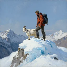 a hiker man with a goat on top of a icy mountain, cinematic, painting by craig mullins