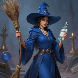 a lady with dark hair in a blue robe and blue wizard hat, holding a broom and a vodka bottle. d & d, intricate, elegant, volumetric lighting, scenery, digital painting, highly detailed, artstation, sharp focus, illustration, concept art, ruan jia, steve mccurry
