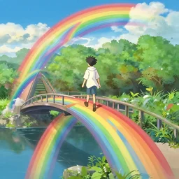 rainbow wizard going to crossing a rainbow bridge, by Makoto Shinkai