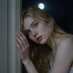 girl leaning in doorway under moonlight by auguste toulmouche and bouguereau, dark lighting, perfectly detailed eyes, beautiful hands, pale skin, blonde hair, dreamy mood