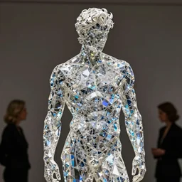 a statue of a young fit man made of diamond, svarovsky, by philippe starck and victoria hagan, cinematic lighting, soft internal light, iridescent reflections, detailed digital photography by rutkovski and beksinski, masterpiece, gorgeous, 4 k