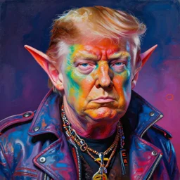 donald trump as an apocalyptic scifi goblinish iridescent monster biker character, psychedelic vibrant colors, futuristic punk rock fashion, oil painting by michael whelan art, richard corben, perfect face, sharp focus, detailed eyes, realistic, 8 k