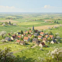 a beautiful landscape of a tiny futuristic village in the french countryside during spring season, painting by lorenzo lanfranconi hd, nice spring afternoon lighting, smooth tiny details, soft and clear shadows, low contrast, perfect