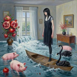 painting of flood waters inside an apartment, tall female emo art student, a river flooding indoors, pomegranates, pigs, ikebana, water, river, rapids, waterfall, black swans, canoe, berries, acrylic on canvas, surrealist, by magritte and monet