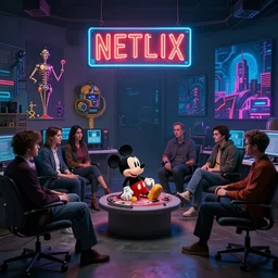 a group of netflix employees sitting in a room, watching mickey mouse being dissected, a neon sign that says netflix hangs above, cyberpunk art by rube goldberg, cgsociety, beeple, computer art, dystopian art, reimagined by industrial light and magic, concept art