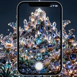 android with back to the camera at night, looking up at a glowing mountain of crystal and gemstone, glass flowers, alien flora, digital art, artstation, dramatic lighting, forced perspective, closeup, stylized