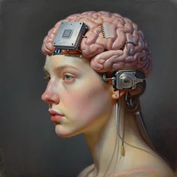 portrait of augmented human wearing an ai chip to increase brain functions, an hard disk of 2 tb to increase brain memory, visible chip and hardisk, cyberpunk, by highly detailed oil painting, soft light 4 k, cinematic composition, cinematic lighting, sharp focus, masterpiece by artgem, bernie barnes and jenny saville