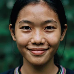 an ultra - high - resolution close - up of an asian woman from the tai tribe in a lush green forest. 1 8 years old. the face looks like julia roberts. photo from the front. a cute and beautiful woman is smiling and has eye contact with the camera. the face is clear and symmetrical. the light is dim, and the colors are muted. kodak etkar 1 0