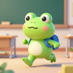 cute frog running late for school, octane render, cute