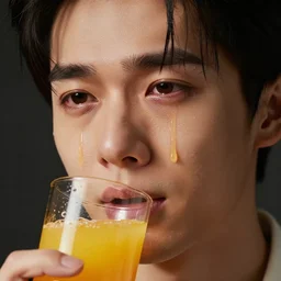 man crying tears of orange juice, photograph portrait