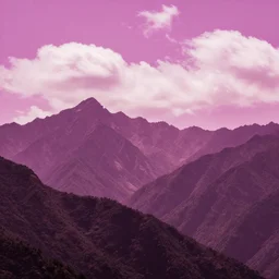 A beautiful aesthetic landscape of towering mountains with a sky full of clouds, brightly lit, digital art, 4k magenta color pallete