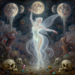 concept art of translucent glowing curvy fairy dancing, lovecraftian, futurism, renaissance, melting, round moons, rich clouds, fighting the horrors of the unknown, very detailed, volumetric light, mist, fine art, decaying, textured oil over canvas, epic fantasy art, very colorful, ornate intricate scales, floor of skulls, fractal gems