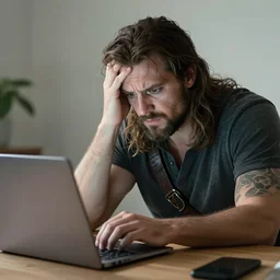 conan the barbarian sitting at a desk, frustrated at his laptop screen, laptop trouble, technical difficulties, stock image, crisp, expressive
