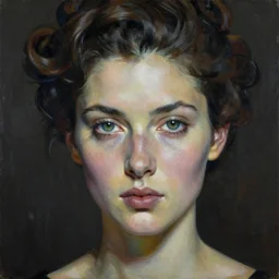 painting of a gorgeous self conscious woman in the style of leonid afremov, hyperrealistic eyes, elaborate hairstyle, low contrast, silk skin