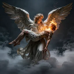 angel carries a burning man in his arms in the clouds, fantasy art, award winning, dark fantasy, fantasy magic, intricate, elegant, sharp focus, cinematic lighting, highly detailed, digital painting, concept art, art by wlop and artgerm and greg rutkowski, masterpiece, trending on artstation, 8 k