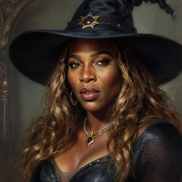 mindblowing portrait of serena williams as a witch, deep focus, d & d, fantasy, intricate, elegant!!, beautiful, highly detailed, digital painting, artstation, concept art, matte, sharp, illustration, hearthstone, art by artgerm and greg rutkowski and alphonse mucha