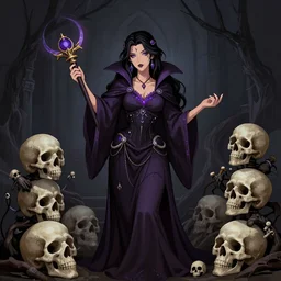 a beautiful feminine necromancer raising the dead, illustration, skulls, character design by nixeu, artstation, 2 d cg