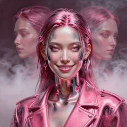 3 d, close - up, liquid chrome, smirk fashion model, light fog, smoke, poster art, high detail, intricate oil painting, multiple exposure, deep pink color palette, hyperrealism, 3 d, by tooth wu and wlop and beeple and greg rutkowski