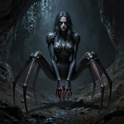 creepy matte painting of an armored woman with spider legs in a dark cave, ( ( spiderwoman ) ), human arms, ultra detailed, monster, human face, stan winston, creature design, concept art, dnd, dndbeyond, d & d, 8 k, moody lighting, muted colors, blue tone light, dramatic lighting realistically proportioned body