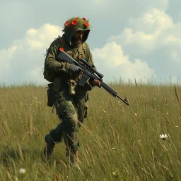 a sniper with ghillie suit with flowers walking in field, by craig mullins, james jean