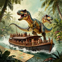riverboat from the jungle cruise attacked by velociraptors in jurassic park illustration art 8 k resolution concept art detailed matte painting action painting concept art detailed painting storybook illustration ink drawing map