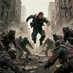a guy in a vault jumpsuit from the fallout series fighting a horde of feral ghouls in a post - apocalyptic boston ( cinematic shot, ultrarealistic, great quality, high detailed, uhd, hollyhood movie, greatly illustrated, hyperrealistic, a hollywood movie - style shot, still frame shot, 8 k, epic intense scenario. )