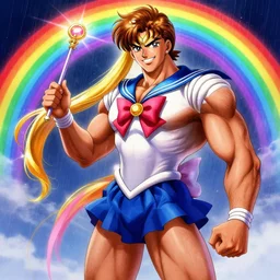 crossdressing magical man in anime style, colorful dress, holding wand, fantasy, smile, illustration, body hair, muscular, full body, face, head, workout, male, body builder, digital painting, best on artstation, best on cgsociety, awarding winning, realistic, epic, stunning, rainbows, sailor moon, hdr, highly detailed