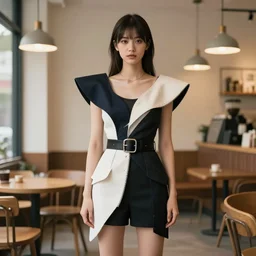 young adult woman in a coffee shop wearing an avant garde outfit designed by zaha hadid, studio lighting, 5 0 mm