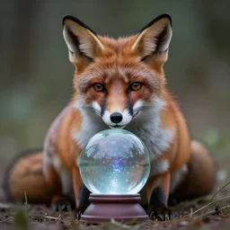 anthropomorphous gypsy fox looking mesmerized into a magical crystal ball