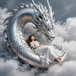 beautiful scene render that a princess lies in the arms of a huge silver dragon alone, finely detailed angelic face delicate features, in the fairyland surrounded by white clouds, perfectly shaded, atmospheric lighting, style of makoto shinkai and peter mohrbacher, studio ghibli. artgerm, beeple, animation style, 4 k hd, hyper detailed