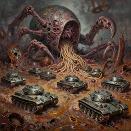 oil painting nightmare macerated future mollusk run army tanks foreground dreaming metal noodle terrorizing army clawed chaos landscape fecund afraid of demon barbed footprints treads hooped around destroyed rust landscape in primoridal slimes dropping into in necrotized skins, cinematic, fine art, ornate masterpiece, by geof darrow