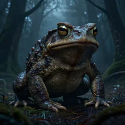 giant evil monsterous slimy toad in the dark forest, slimy toads, dark night, midnight, foggy, atmospheric, highly detailed, hyperrealistic, gothic horror, trending on artstation, digital art, dark fantasy