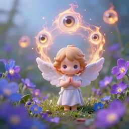 tiny biblical angel in a garden, hyper detailed, sharp focus, bokeh, unreal engine, ray tracing, cute, fantasy, sci fi, purple flowers, blue flowers, violet flowers, glowing flowers, tiny, small, hyper realistic, sky, spinning rings with eyes, many eyes, rings of fire, biblical