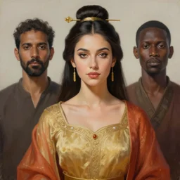 portrait painting of a stunning proud empress, artstation, mymodernmet, by brad kunkle, by amir ershadi, by ben enwonwu, by alphonse mucha, by soey milk, gold foil aureola, black dress of iridescent feathers, divine, saint, mixed media